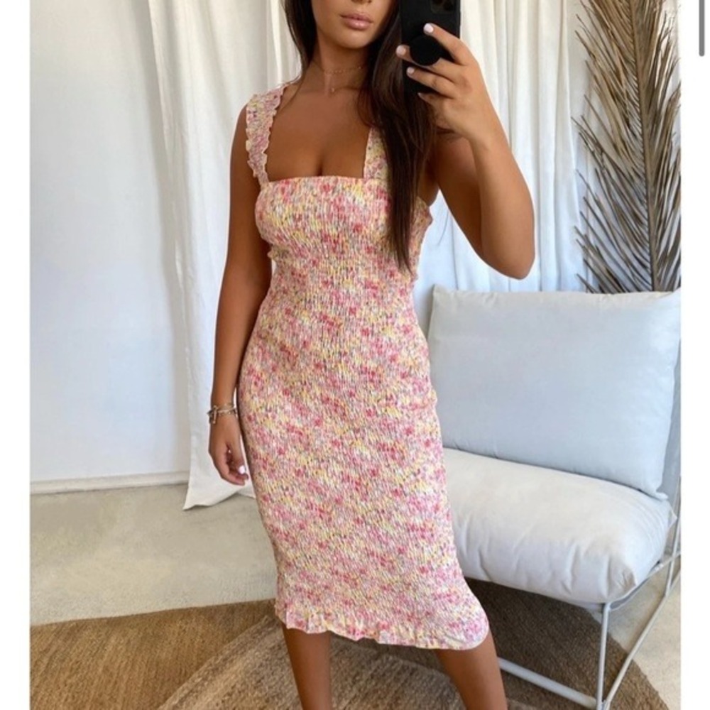 SNDYS Resort Boho Beachy Vacation Smocked Floral Midi Dress Coquette Women's 2‎